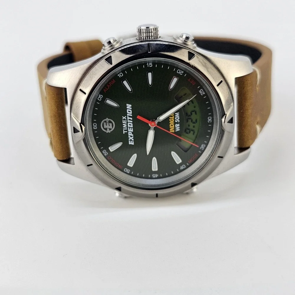 Timex Expedition Ana Dig Men Watch 38MM Green Dial NEW Leather Bands New Battery